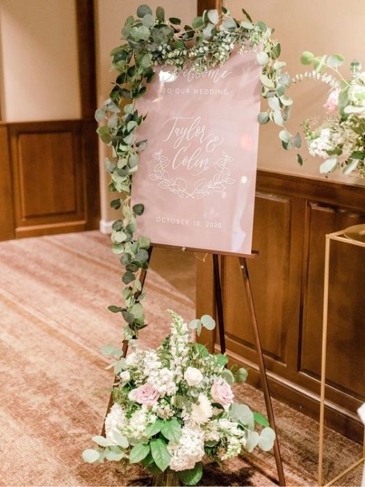 The 37 Best Rose Gold Wedding Decor Ideas On Your Big Day 45 Eucalyptus Rose Gold Wedding Theme Sign