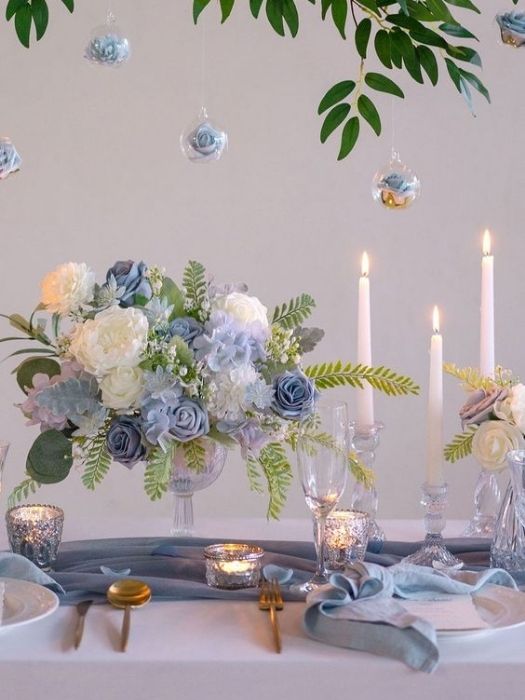 Best 28 The Dusty Blue Wedding Decor Ideas & Inspiration 70 Hanging Floral Dusty Blue Wedding Decor Dinner Table
