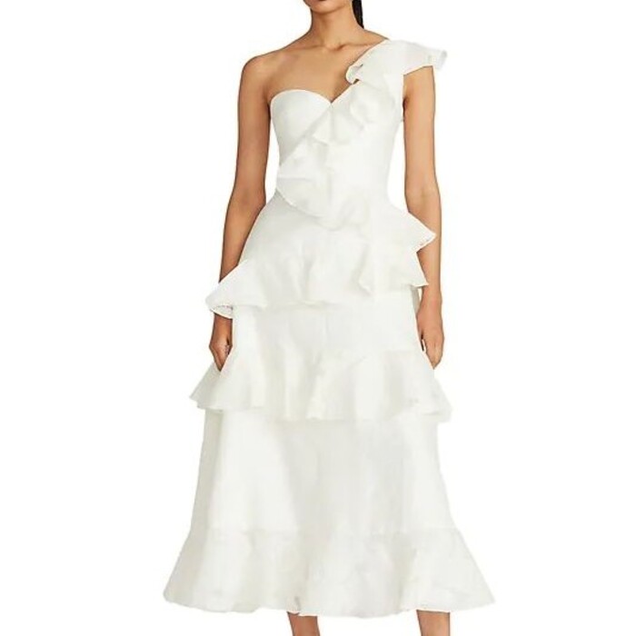 White Bridal Shower Dress - One-Shoulder Ruffle Midi Dress